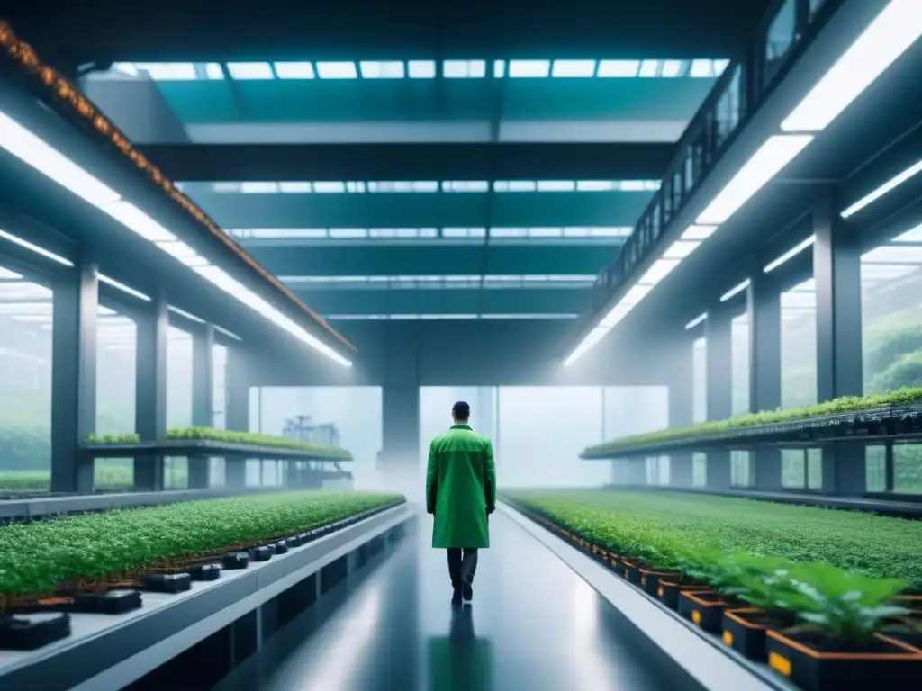 Planta industrial futurista con sistemas de automatización avanzados, rodeada de vegetación exuberante