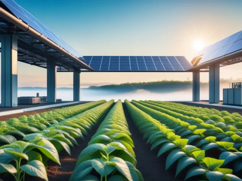 Una planta industrial futurista y sostenible con paneles solares y vegetación, bajo un cielo azul