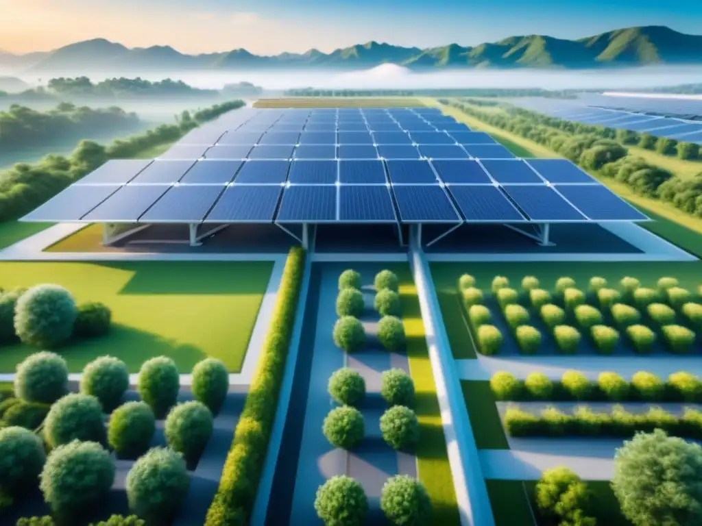 Una planta industrial futurista y sostenible con paneles solares y turbinas eólicas