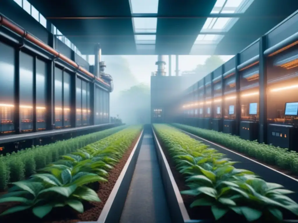 Planta industrial futurista con tecnología avanzada integrada, rodeada de vegetación