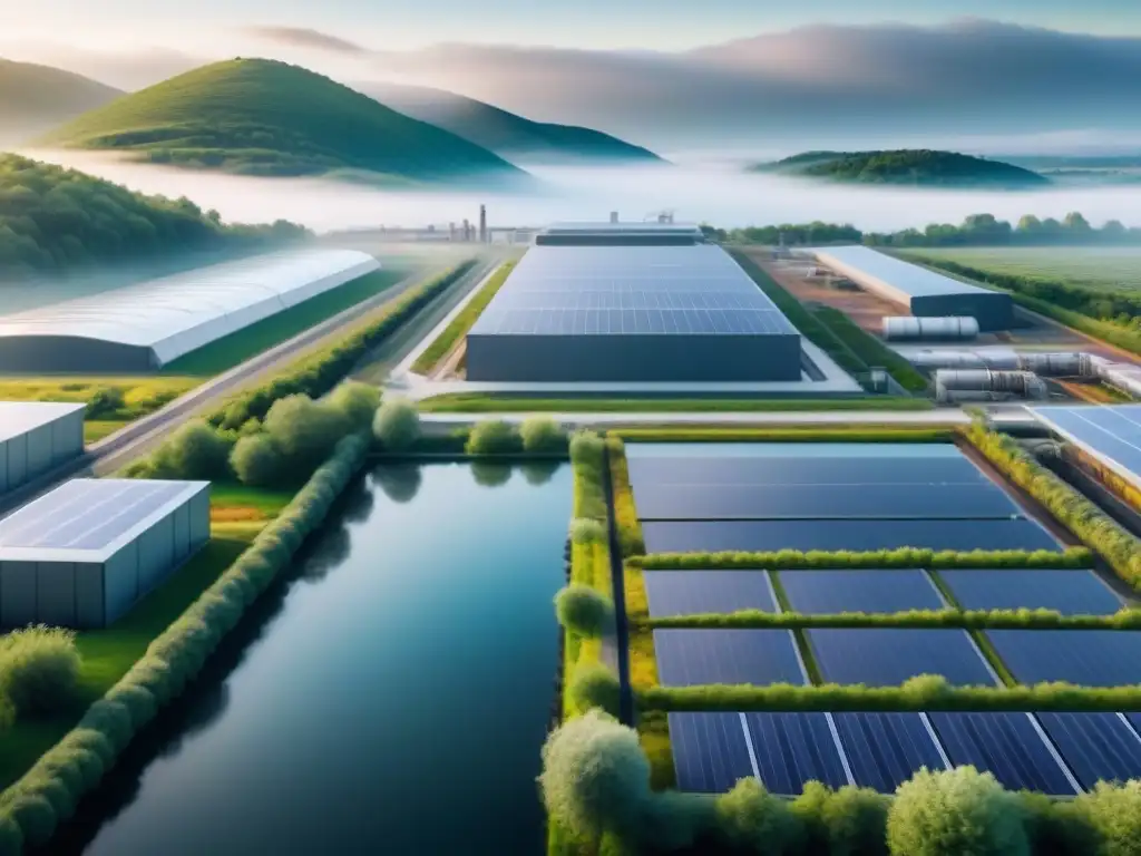 Planta industrial futurista: innovación y sostenibilidad Planta industrial futurista con tecnología avanzada en paisaje natural, simbolizando químicos sostenibles producción industrial