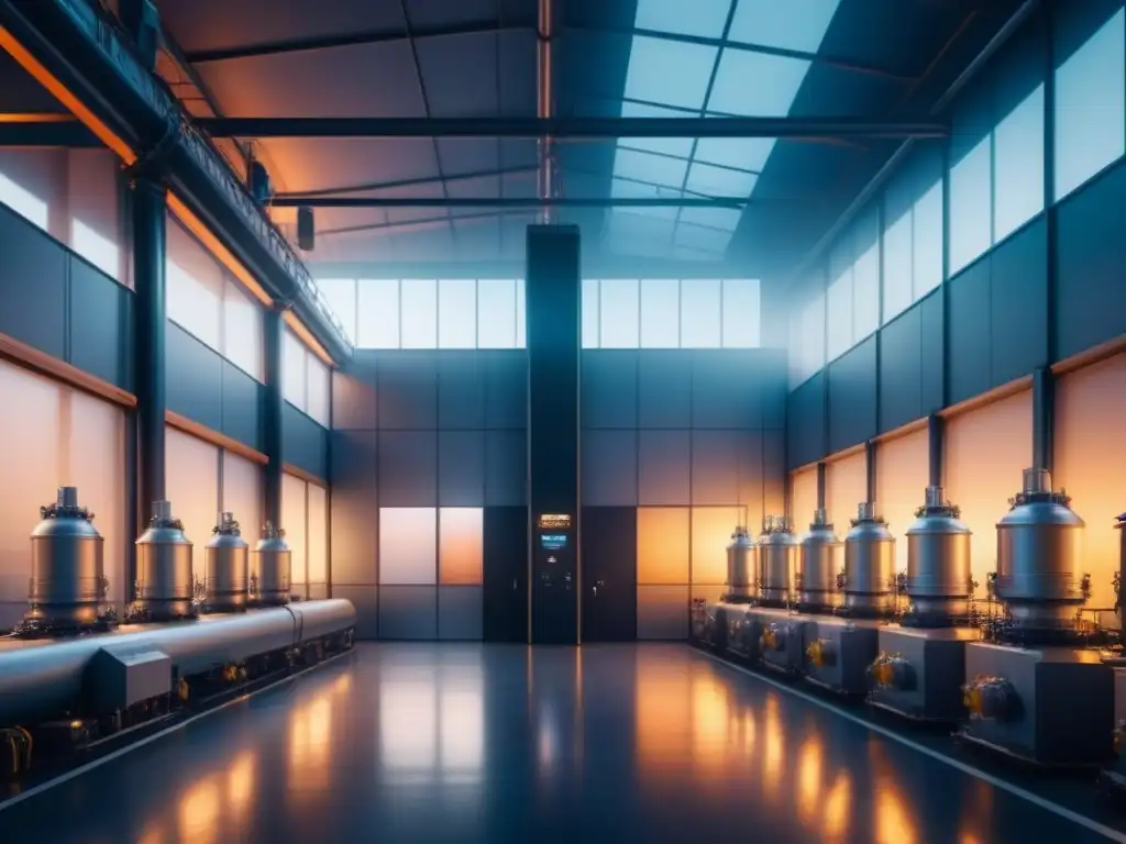 Planta industrial futurista con tecnología avanzada, iluminación ambiental y paleta metálica, simbolizando impacto patentes crecimiento industrial