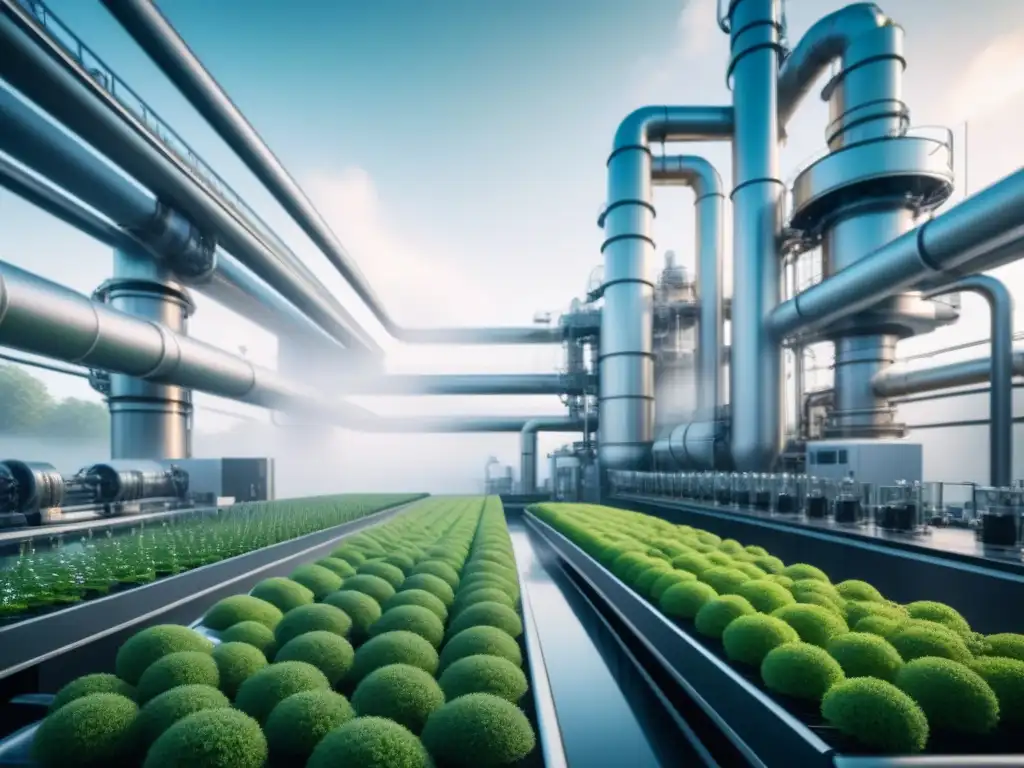 Una planta industrial futurista integrando tecnología y naturaleza, con microorganismos en producción industrial sostenible