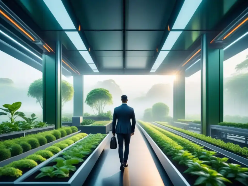 Una planta industrial futurista con tecnologías eficiencia energética revolucionando, rodeada de exuberante vegetación