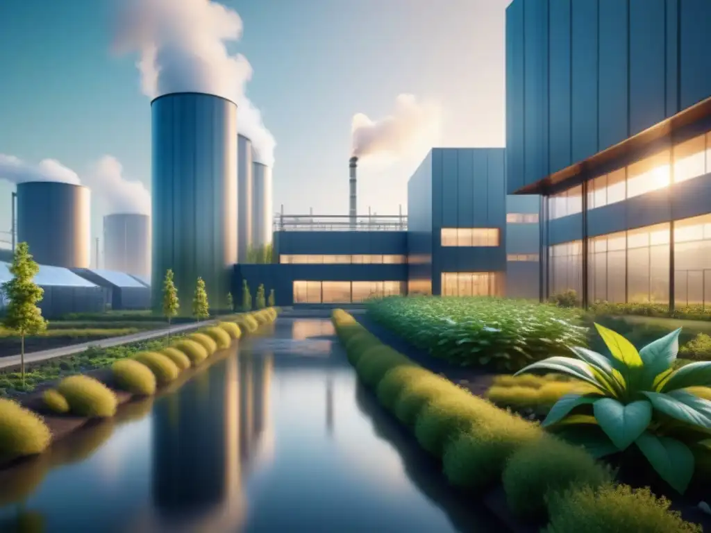 Una planta industrial futurista con tecnologías de descontaminación industrial sostenible integradas