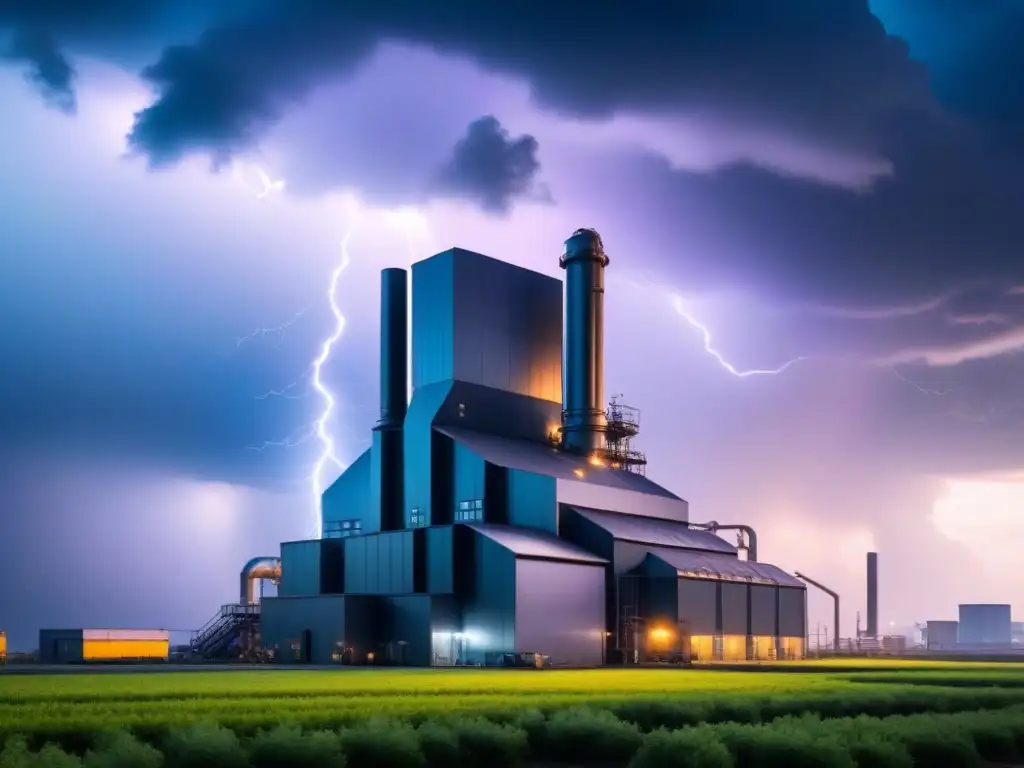 Planta industrial futurista enfrentando la tormenta, resiliencia en sistemas industriales ante ciberataques