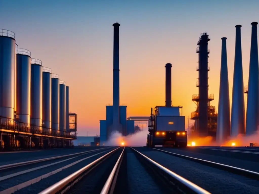 Una planta industrial moderna al atardecer, con chimeneas altas liberando vapor sutil contra un cielo degradado de naranja a azul