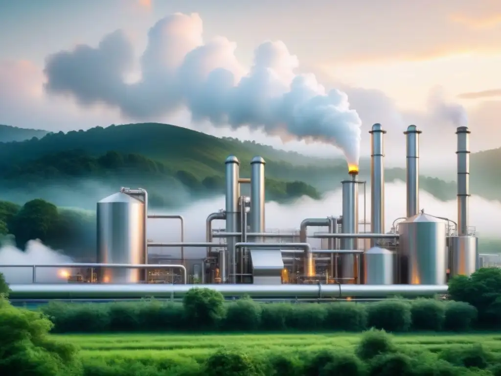 Planta industrial moderna emitiendo CO2 en contraste con la naturaleza