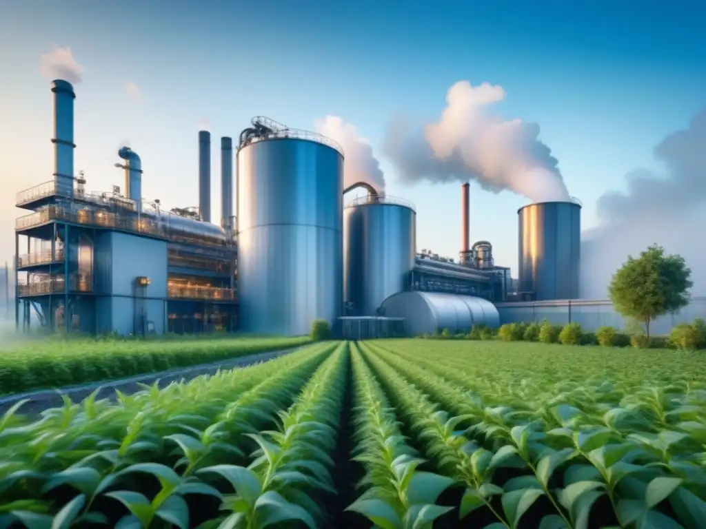 Planta industrial sostenible: fusión perfecta entre industria y naturaleza Planta industrial moderna con diseño minimalista, rodeada de vegetación y cielos azules