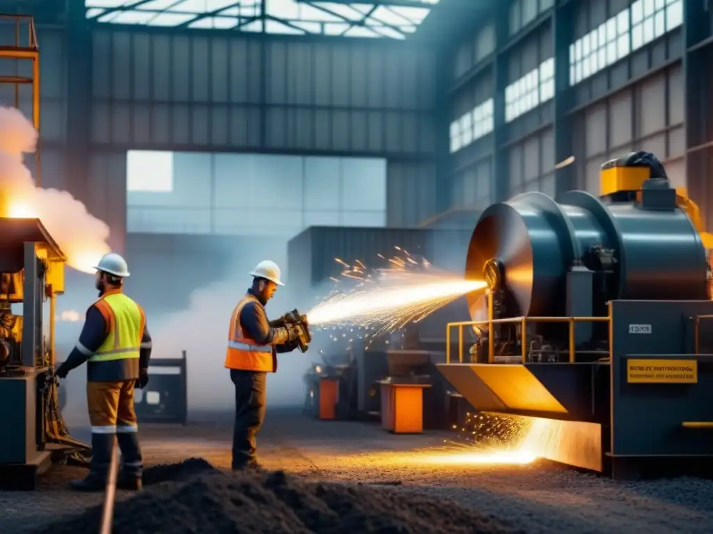 Una planta industrial moderna y elegante reciclando metales, con maquinaria en movimiento, chispas y trabajadores supervisando el proceso