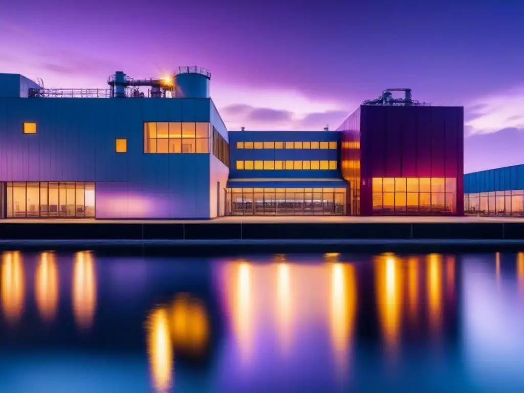 Planta industrial moderna al anochecer, luces brillantes en el cielo morado reflejadas en el agua