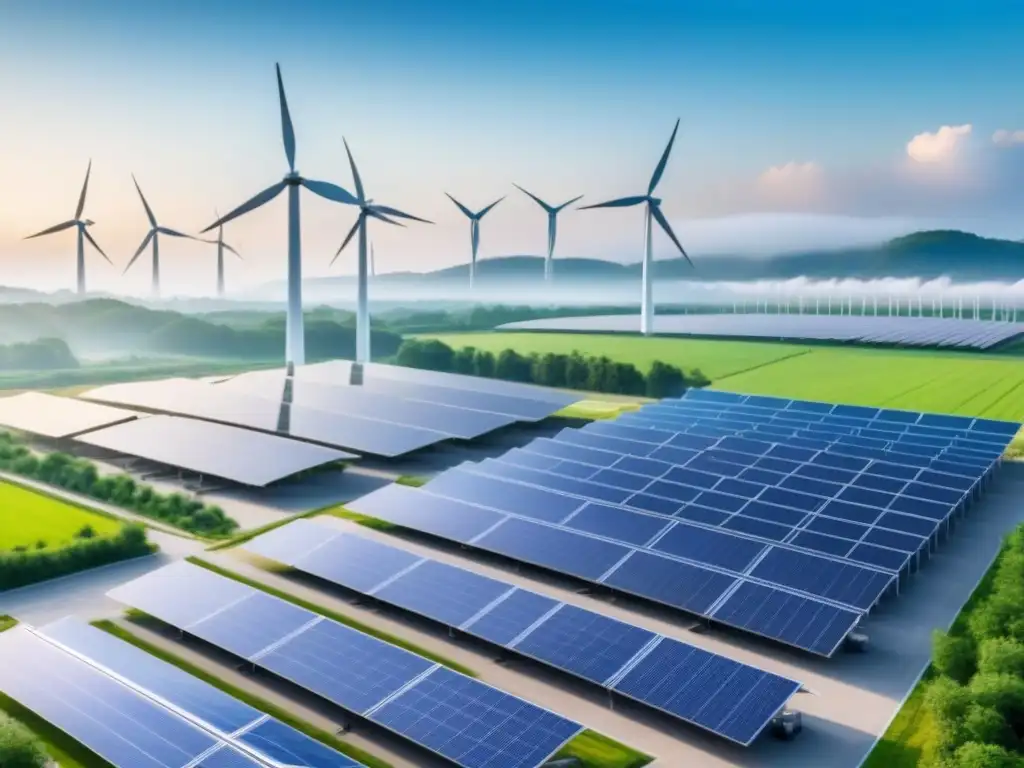 Planta industrial moderna con paneles solares, turbinas eólicas y vegetación