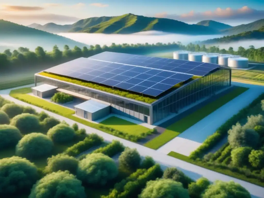 Planta industrial moderna con paneles solares, integrada en la naturaleza