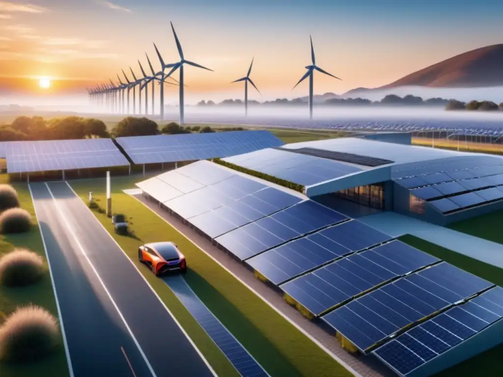 Planta industrial moderna con paneles solares, turbinas eólicas y estaciones de carga para autos eléctricos al atardecer