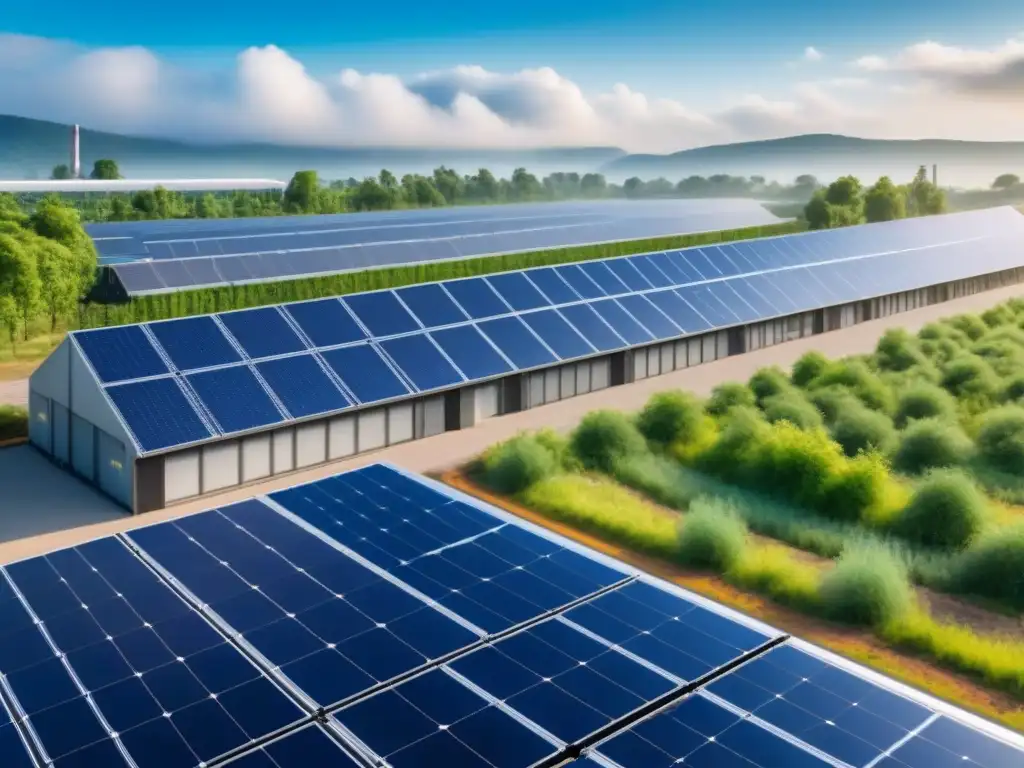Planta industrial ecológica con paneles solares en entorno natural Planta industrial moderna con paneles solares, rodeada de naturaleza y cielos azules, destacando la producción de químicos sostenibles