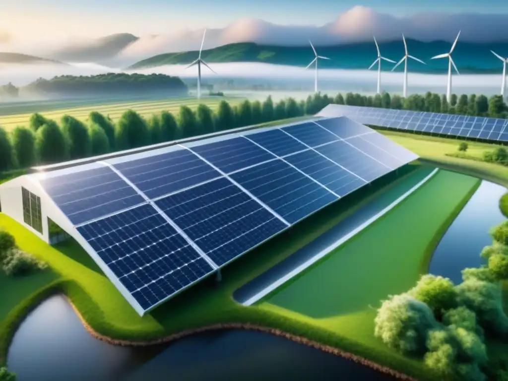 Planta industrial moderna con paneles solares, molinos de viento y paisaje verde