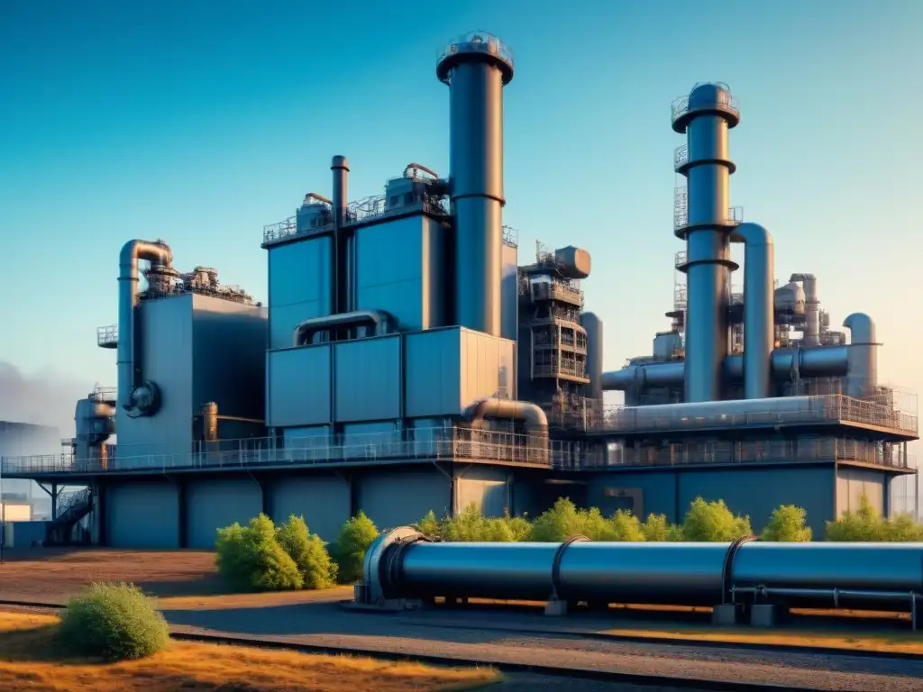 Una planta industrial moderna en pleno funcionamiento, con maquinaria avanzada bajo un cielo azul