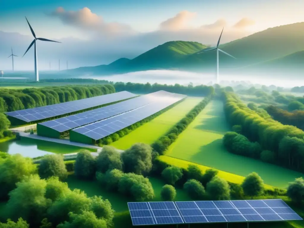 Industria sostenible: Integración con la naturaleza Planta industrial moderna rodeada de vegetación, energías renovables y seguros propiedad accidentes sostenibilidad industrial