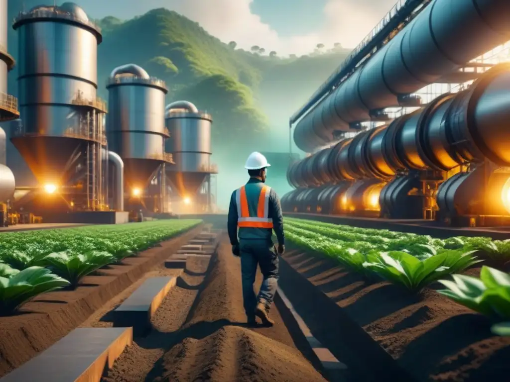 Una planta industrial moderna y sostenible integrada en la naturaleza, con tecnología avanzada y trabajadores monitoreando operaciones