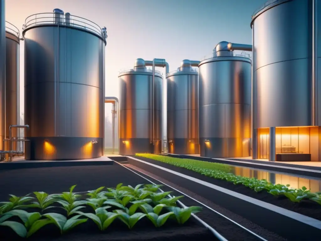 Una planta industrial moderna con tanques de biorremediación llenos de bacterias, ejemplificando casos exitosos de biorremediación industrial