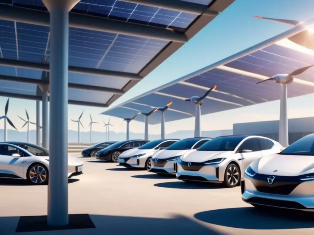 Planta industrial moderna con tecnologías limpias, energía solar y eólica, estaciones de carga para autos eléctricos, producción sostenible