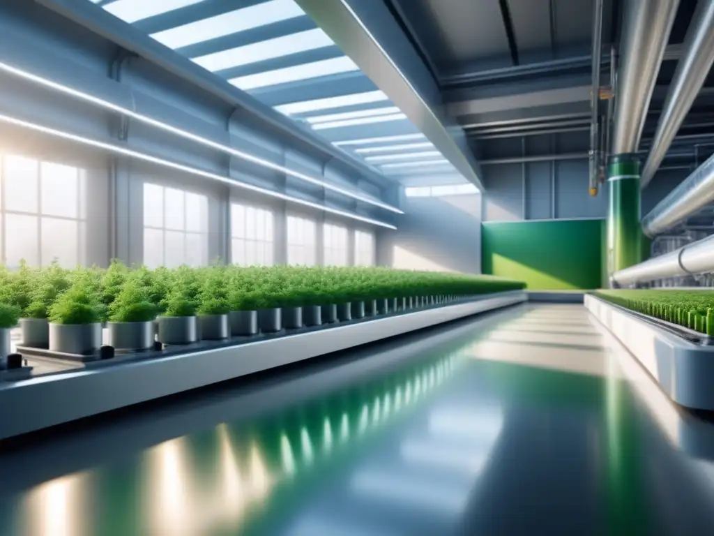 Una planta de producción de bioplásticos innovadores: revolución verde, con diseño futurista, maquinaria avanzada y colores verde, blanco y plateado