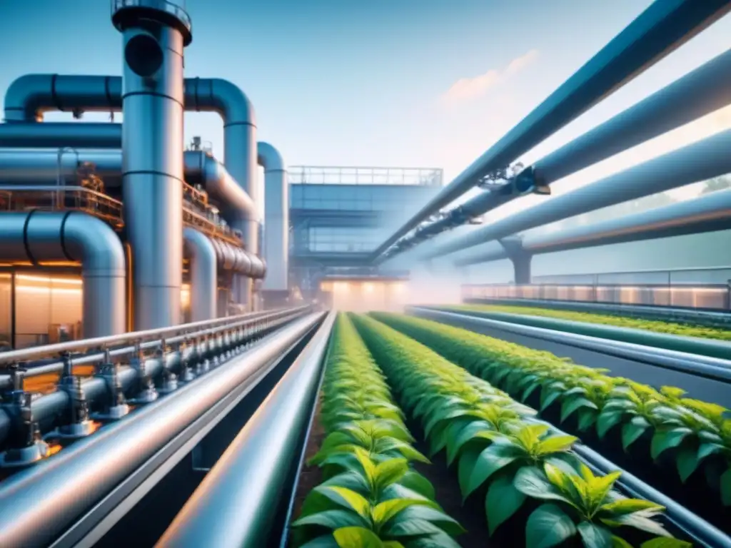 Una planta de manufactura futurista con tecnología de reciclaje avanzada integrada en su diseño, rodeada de vegetación exuberante