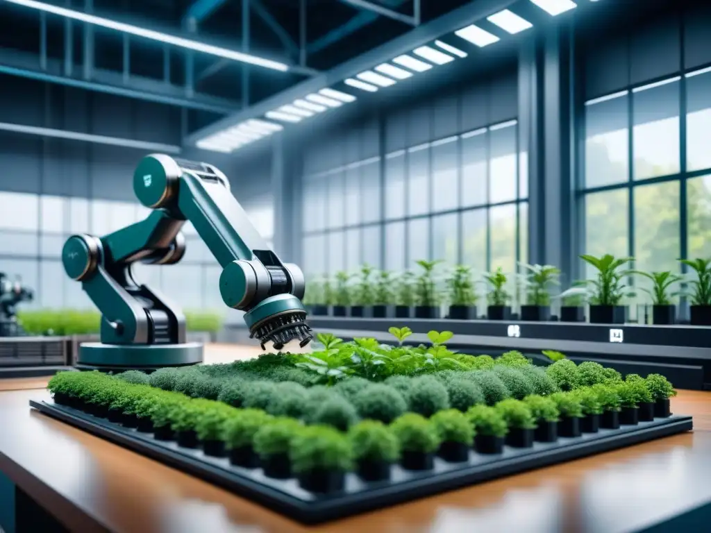 Planta de manufactura futurista con tecnología avanzada ensambla piezas con precisión, impulsada por energías renovables