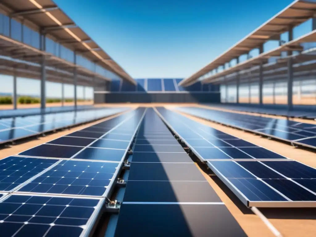 Planta de manufactura moderna con paneles solares brillando bajo el sol, destacando la integración de energía solar en la industria