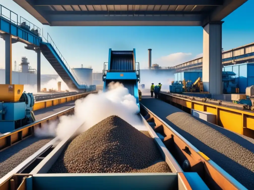 Planta manufacturera bulliciosa con trabajadores, maquinaria innovadora y desafíos logísticos en reciclaje de soluciones