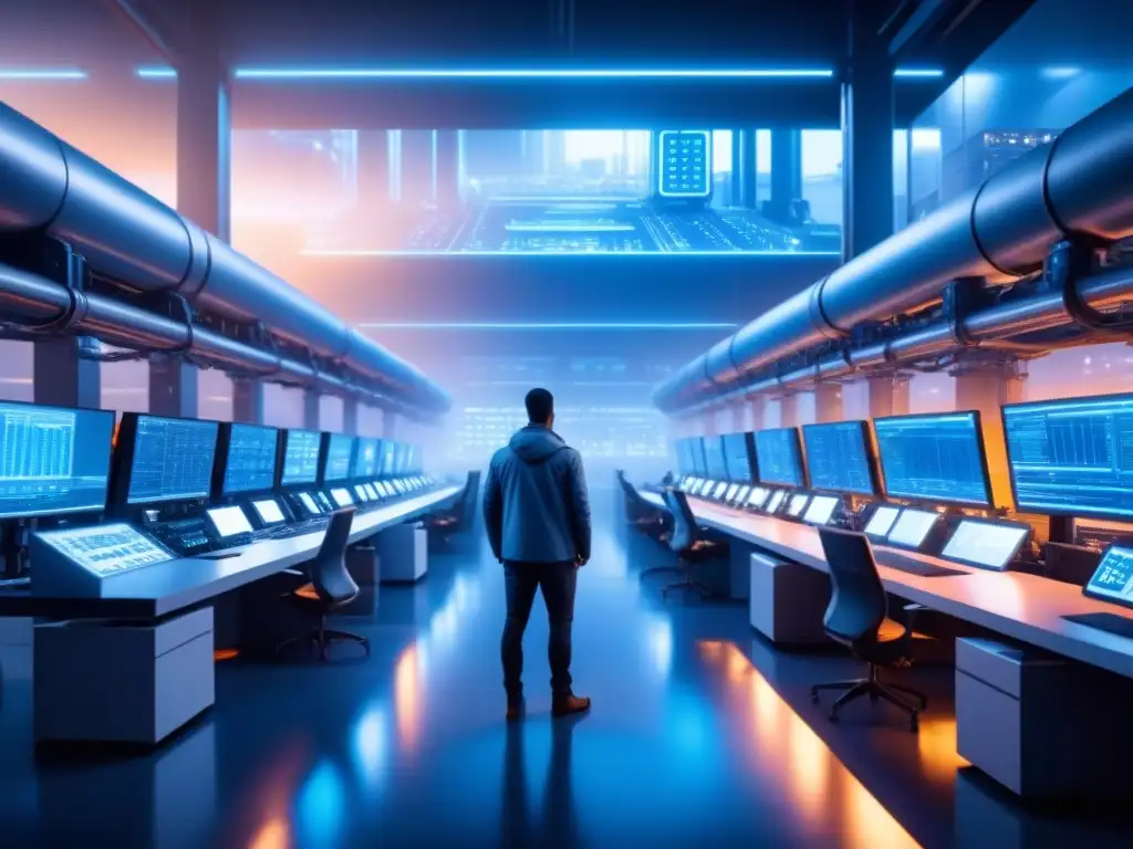 Una planta manufacturera futurista iluminada por un suave resplandor azul, rodeada de un campo de ciberseguridad en integración manufacturera