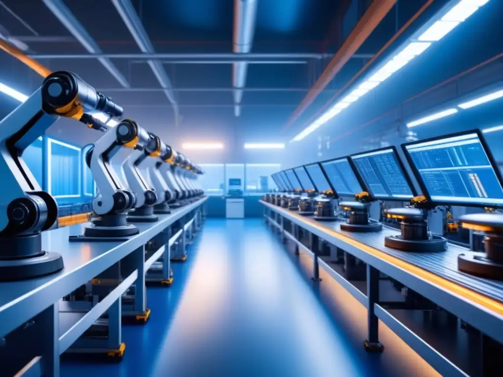 Planta manufacturera futurista con robots ensamblando productos en una línea de producción de alta tecnología, iluminada en azul