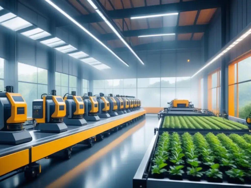 Planta manufacturera futurista integrando SCADA en ambiente sostenible, robots en armonía entre maquinaria y naturaleza