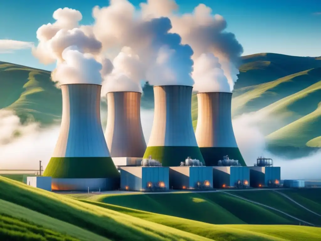 Planta geotérmica moderna en paisaje verde: energía sostenible Una planta geotérmica moderna en armonía con la naturaleza, revelando el potencial oculto de la geotecnología energía renovable