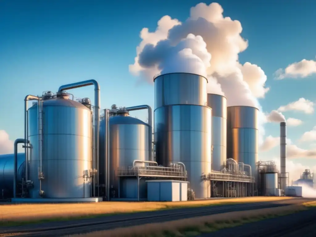 Planta moderna de biocombustibles bajo cielo azul, tanques relucientes y nubes de vapor