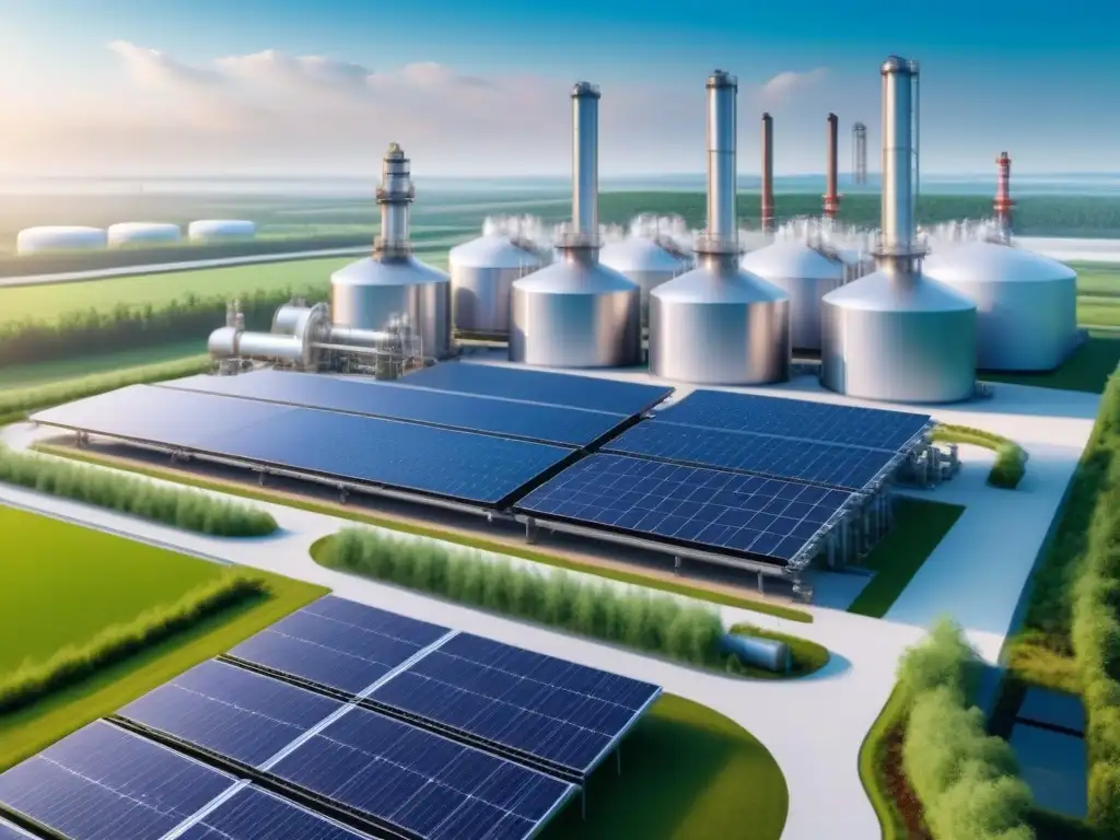 Una planta química moderna con diseño futurista y tecnologías sostenibles integradas, rodeada de vegetación