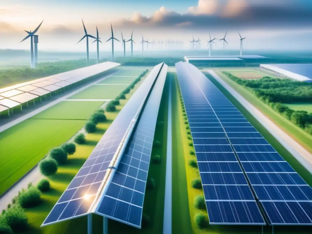 Planta moderna y ecológica con paneles solares, turbinas eólicas y paisaje verde