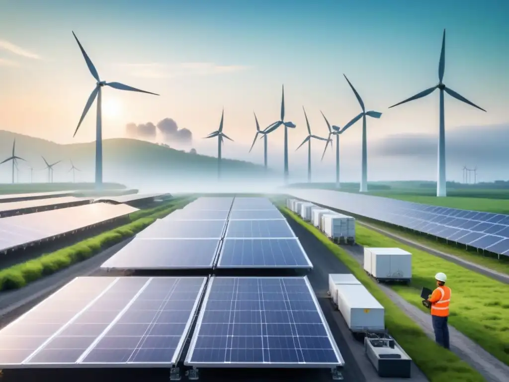 Planta moderna con paneles solares, turbinas eólicas y trabajadores clasificando materiales reciclables en luz verde eco