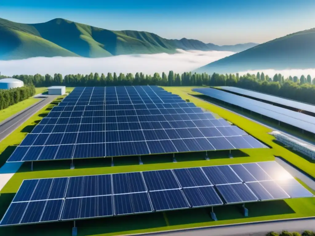 Planta moderna con paneles solares en el techo, bajo cielo azul y vegetación exuberante