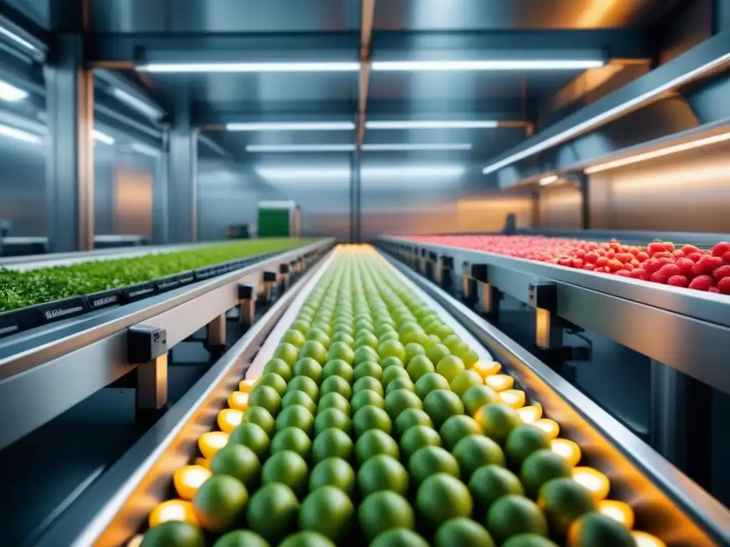 Planta moderna de procesamiento de alimentos con automatización en transporte y clasificación de frutas y verduras frescas