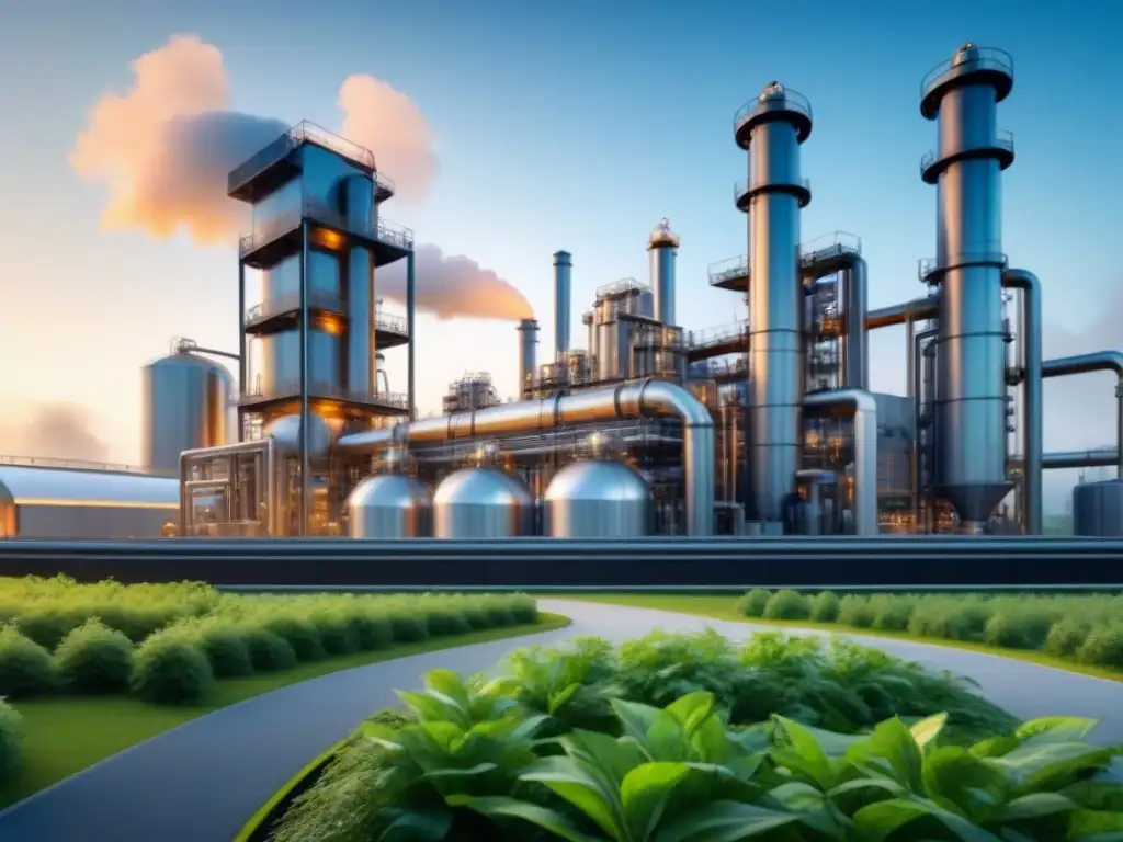 Planta química moderna con automatización sostenible y tecnología futurista, rodeada de vegetación exuberante y cielos despejados