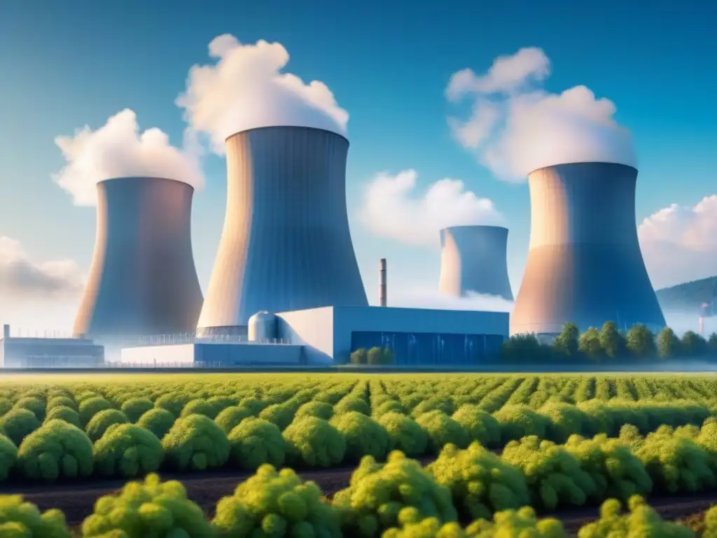 Una planta nuclear futurista resplandeciente bajo el cielo azul