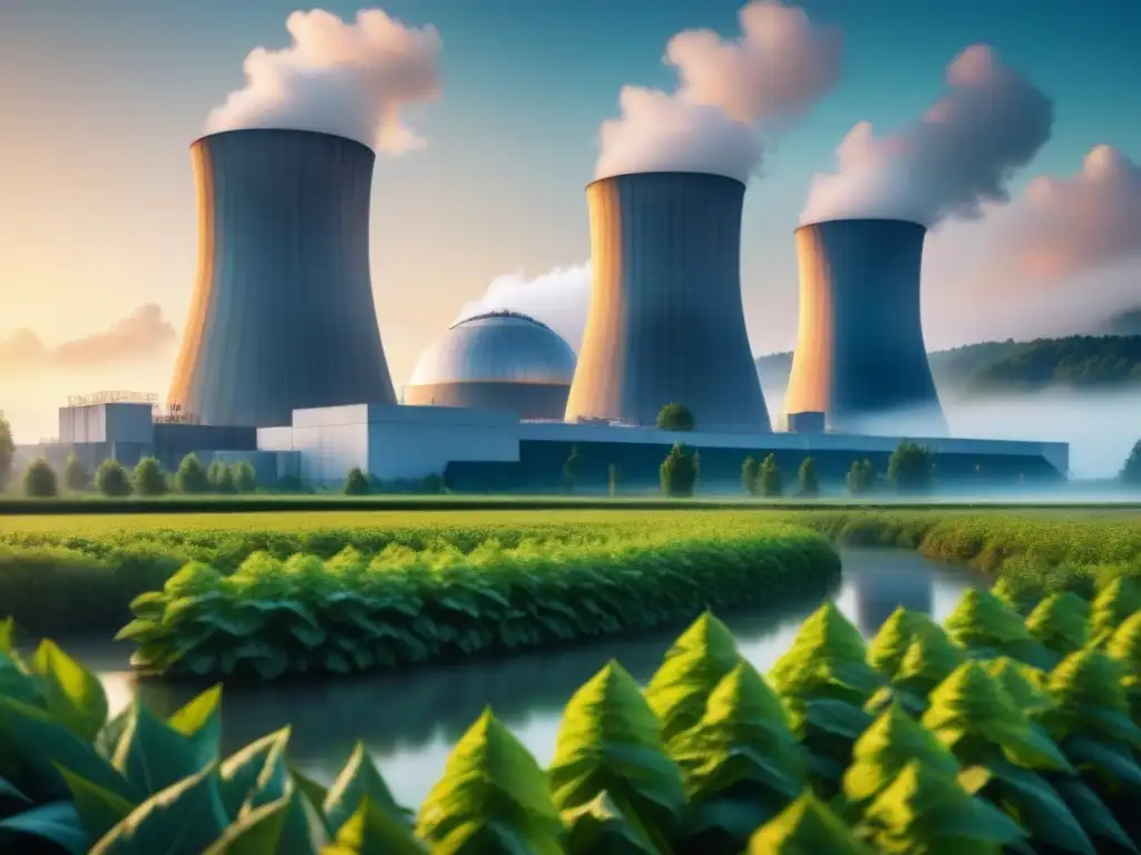 Planta nuclear futurista rodeada de naturaleza exuberante, transmitiendo seguridad, innovación y energía nuclear