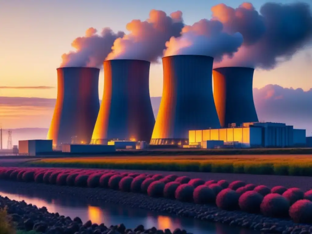 Planta nuclear moderna al atardecer, paisaje sereno