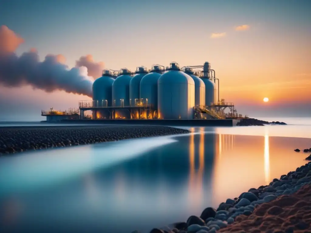 Una planta de desalinización en un océano sereno al atardecer, simbolizando la extracción de minerales valiosos de forma sostenible