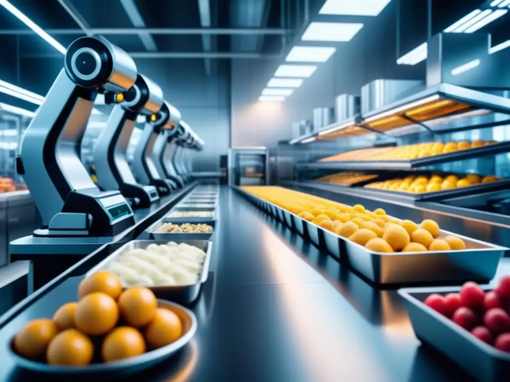 Una planta de procesamiento de alimentos futurista con inteligencia artificial, robots y eficiencia en la industria alimentaria