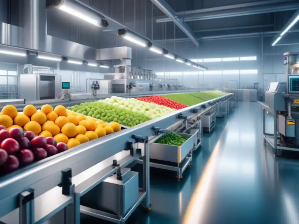 Una planta de procesamiento de alimentos de vanguardia, con líneas de producción modernas y robots clasificando frutas y verduras frescas