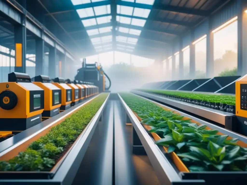 Planta de reciclaje futurista con maquinaria de alta tecnología y vegetación exuberante, destacando la inteligencia artificial en reciclaje industrial