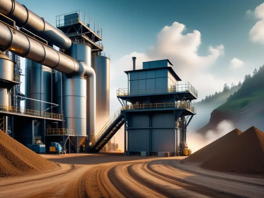 Una planta de reciclaje en la industria minera, con maquinaria moderna procesando materiales crudos, bajo luz natural