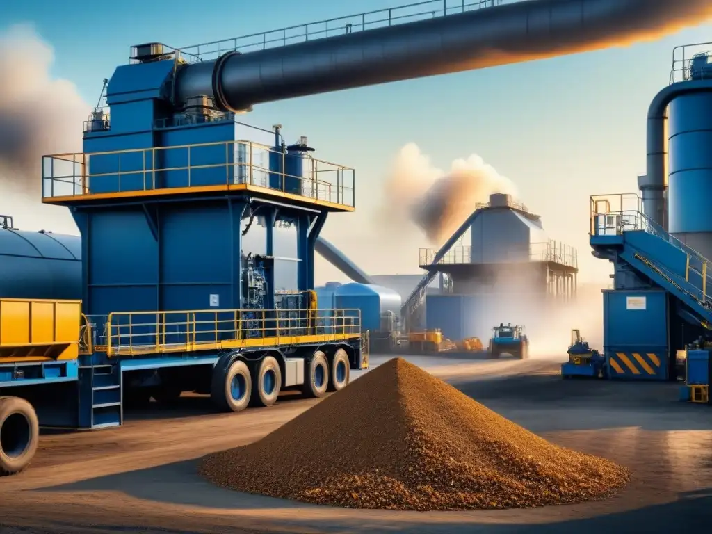 Planta de reciclaje de metales sostenible con maquinaria avanzada y cielo azul, simbolizando innovación en la industria